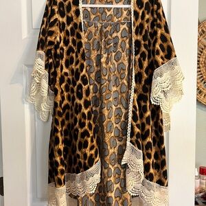 Leopard Print Kimono with Lace Trim